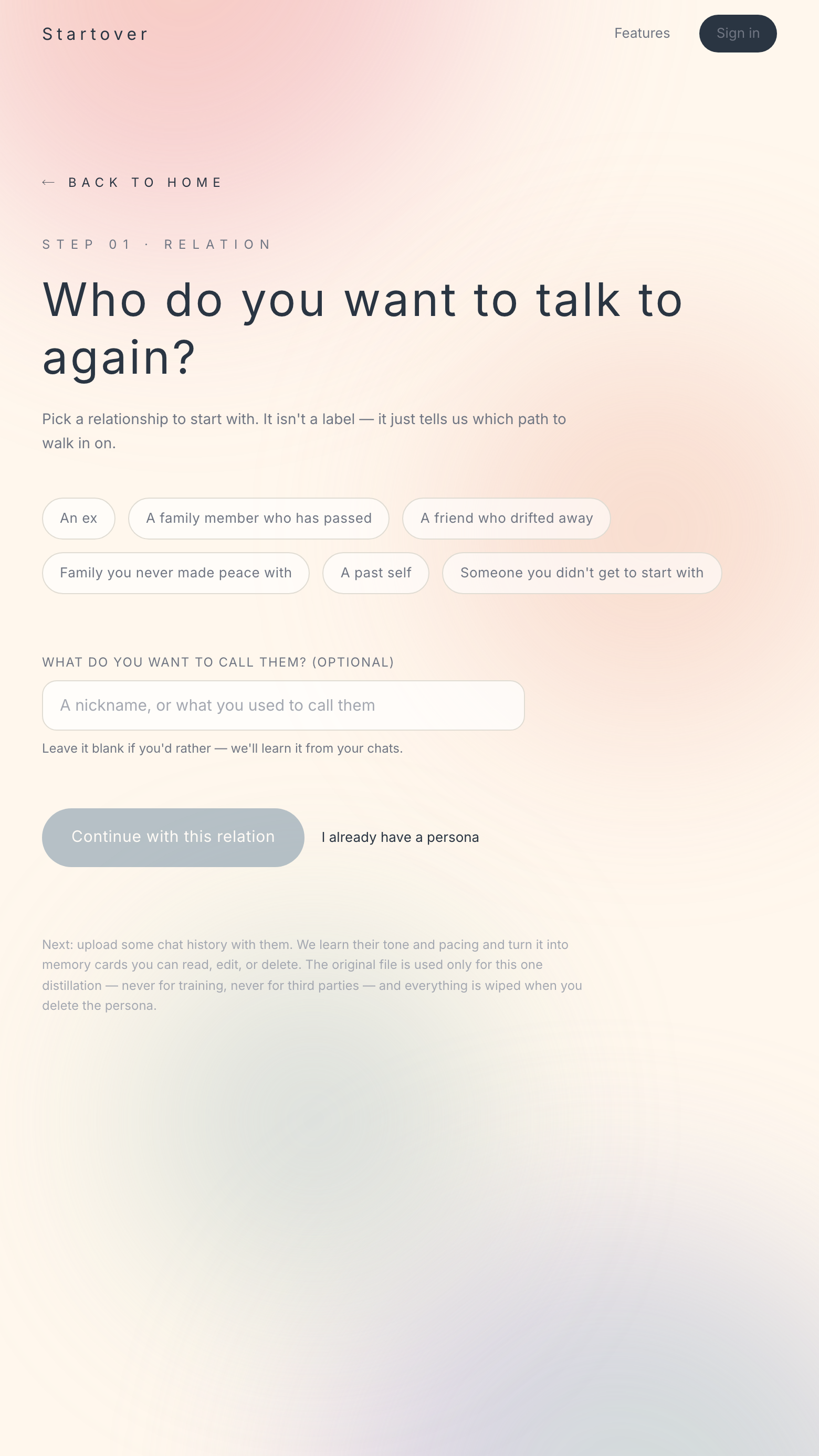 Startover distill screen — uploading a chat history to build an AI persona